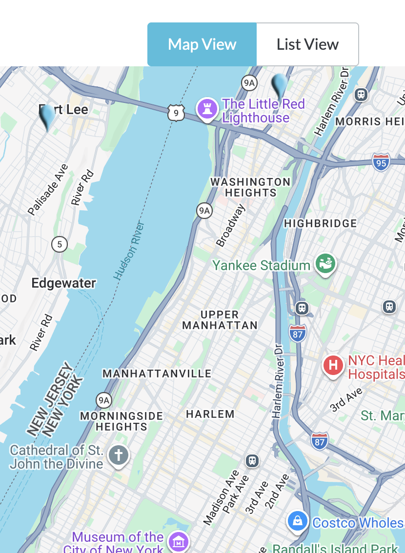 Map of Upper Manhattan showing no mikvehs in Harlem